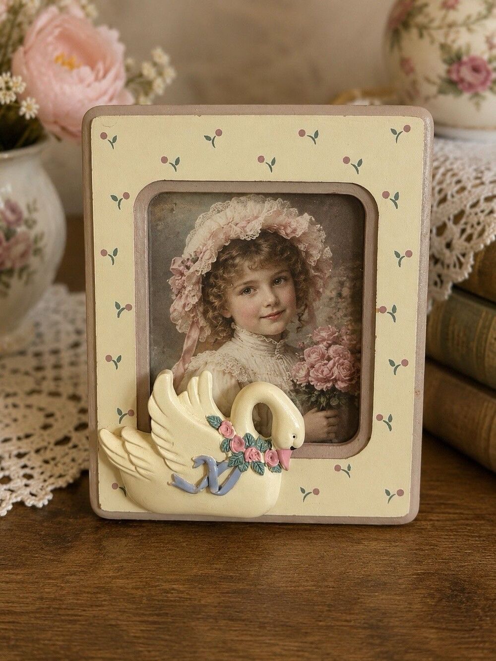 Vintage Swan Photo Picture Frame Pink Roses Cottagecore Shabby Chic 5x4 Decor